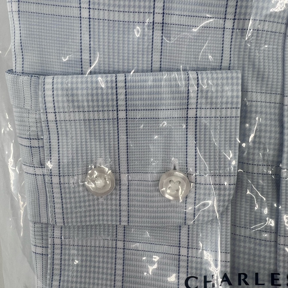 Charles tyrwhitt light blue pow check no-iron twill slim fit shirt 15.5/34in - Picture 4 of 11